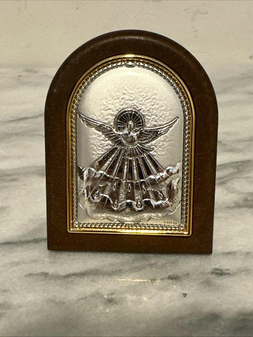 Holy Spirit sterling Silver Dove Arch Plaque in Brown Frame Italy